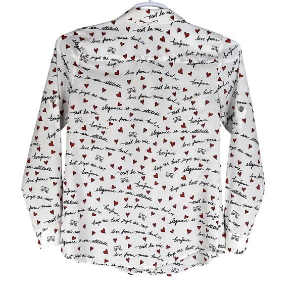 Karl Lagerfeld Paris XS White Blouse Red Heart Script Button Up Roll Tab Sleeve - Picture 2 of 16